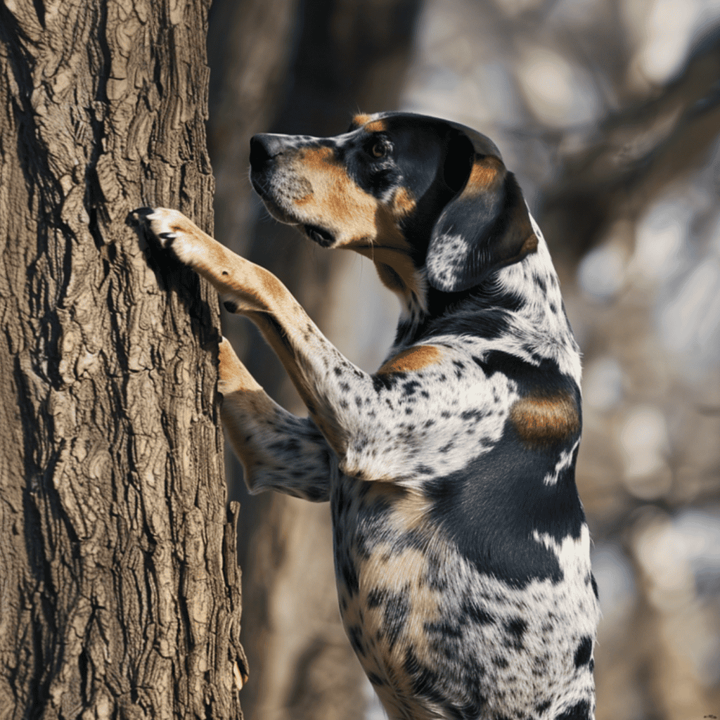 Adorable dog standing on hind legs, sniffing and touching tree trunk outdoors.