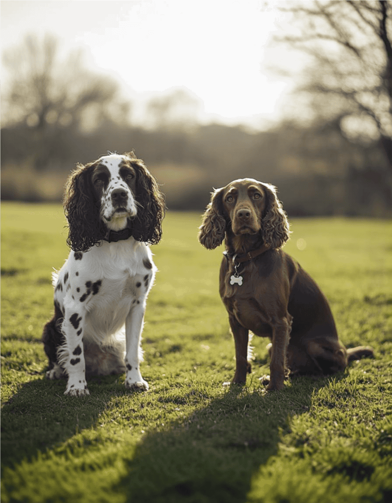 Adorable spaniel and retriever puppies sitting on lush green field.