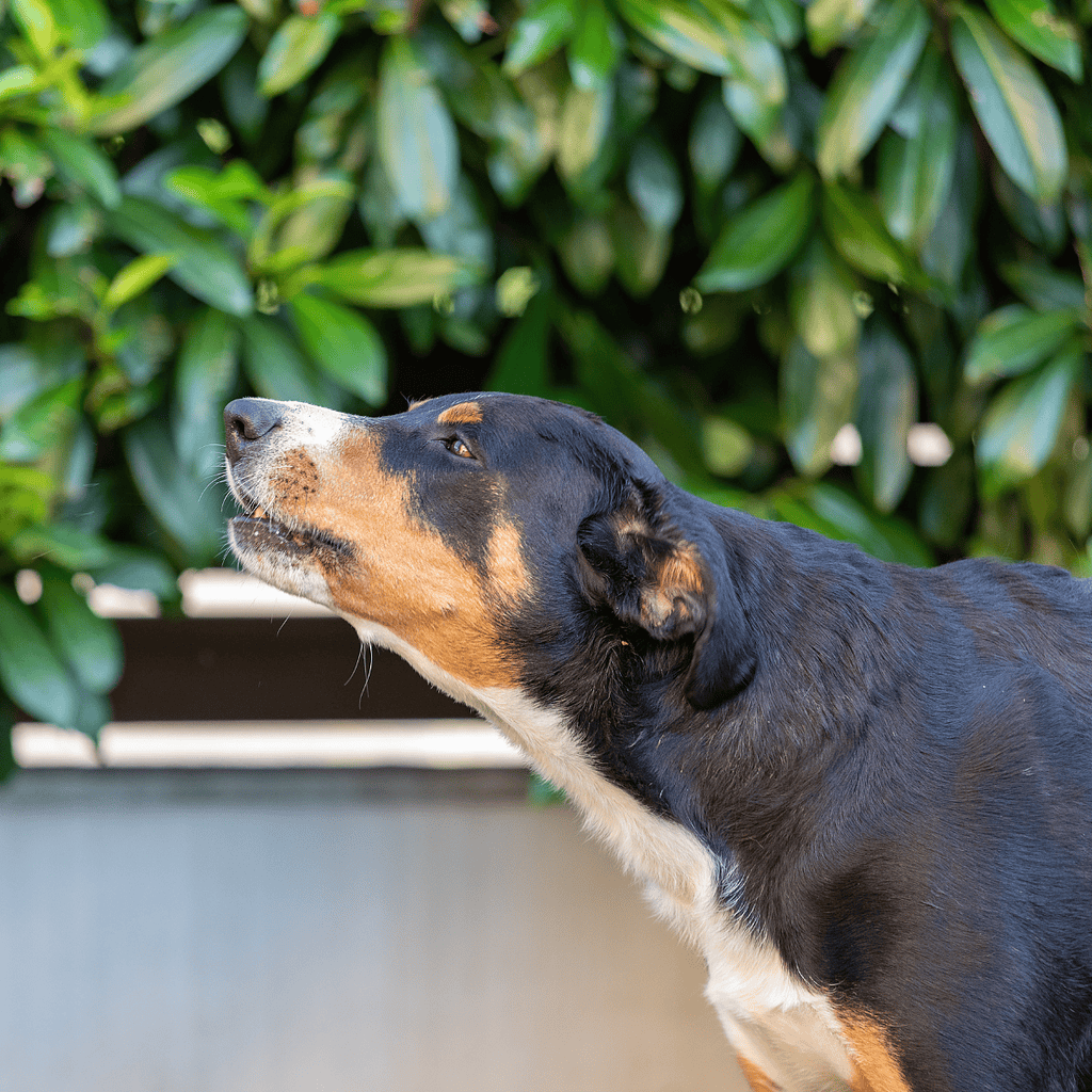 High-quality image of a tri-color dog sitting in grass with a red collar featuring white cross symbols.