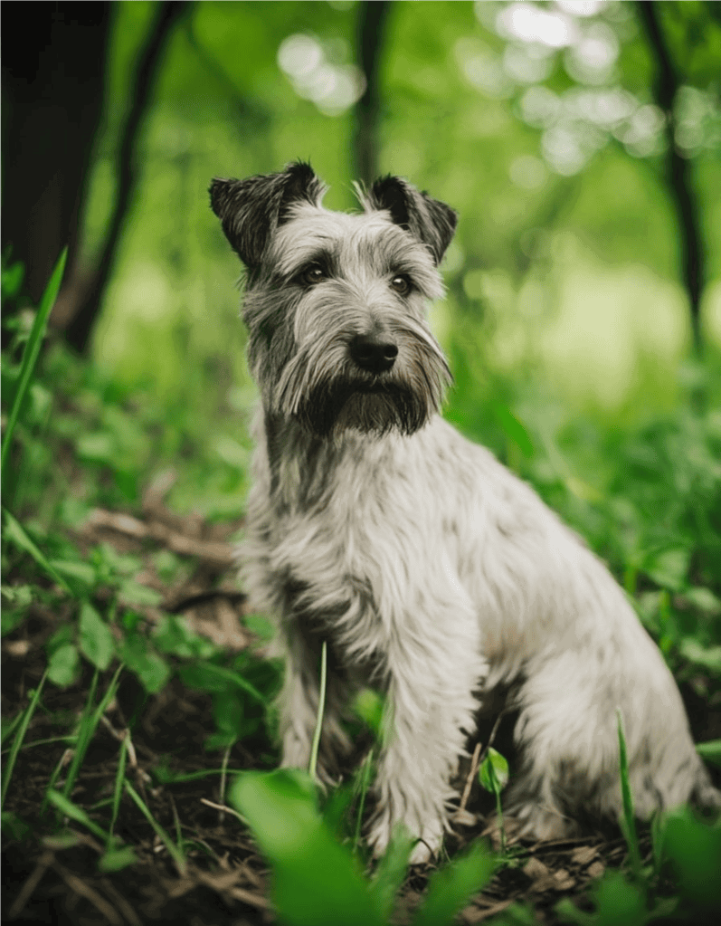 Adorable mixed breed dog sitting outdoors in a lush green forest setting.