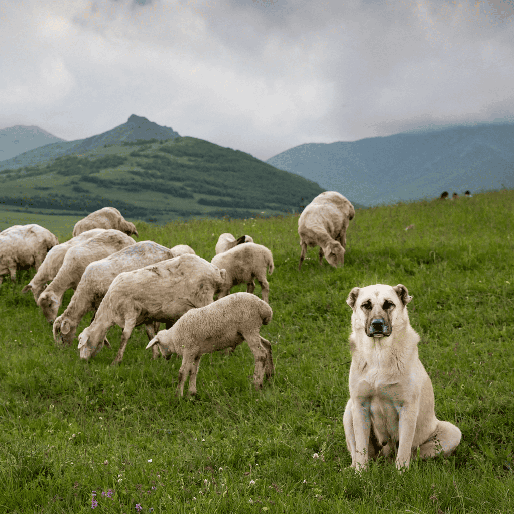 Dog herd in scenic green pasture with mountains, sheep, and a shepherd dog for farm and herding.