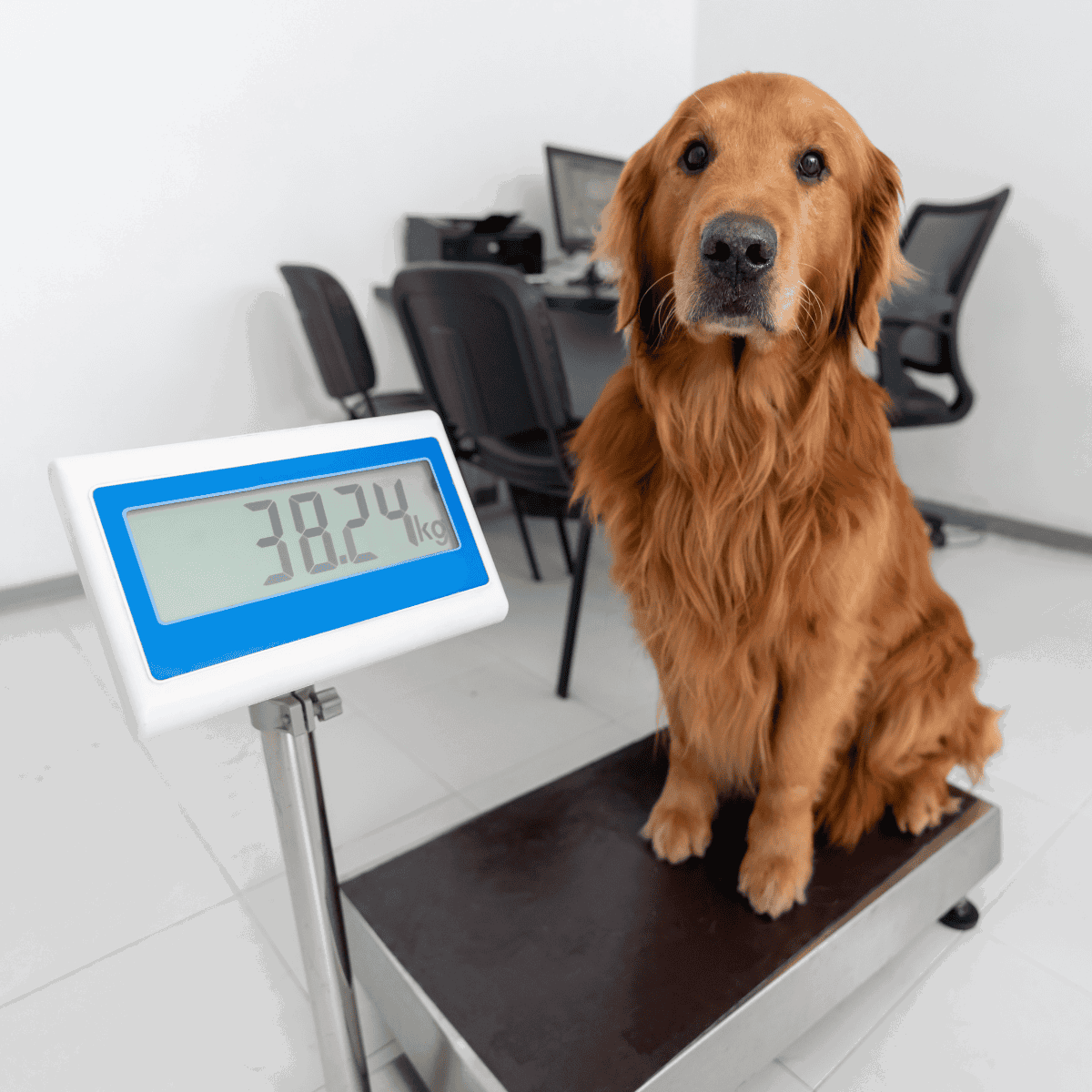 Dog scale displaying weight of 38.2 kg for monitoring pet health.