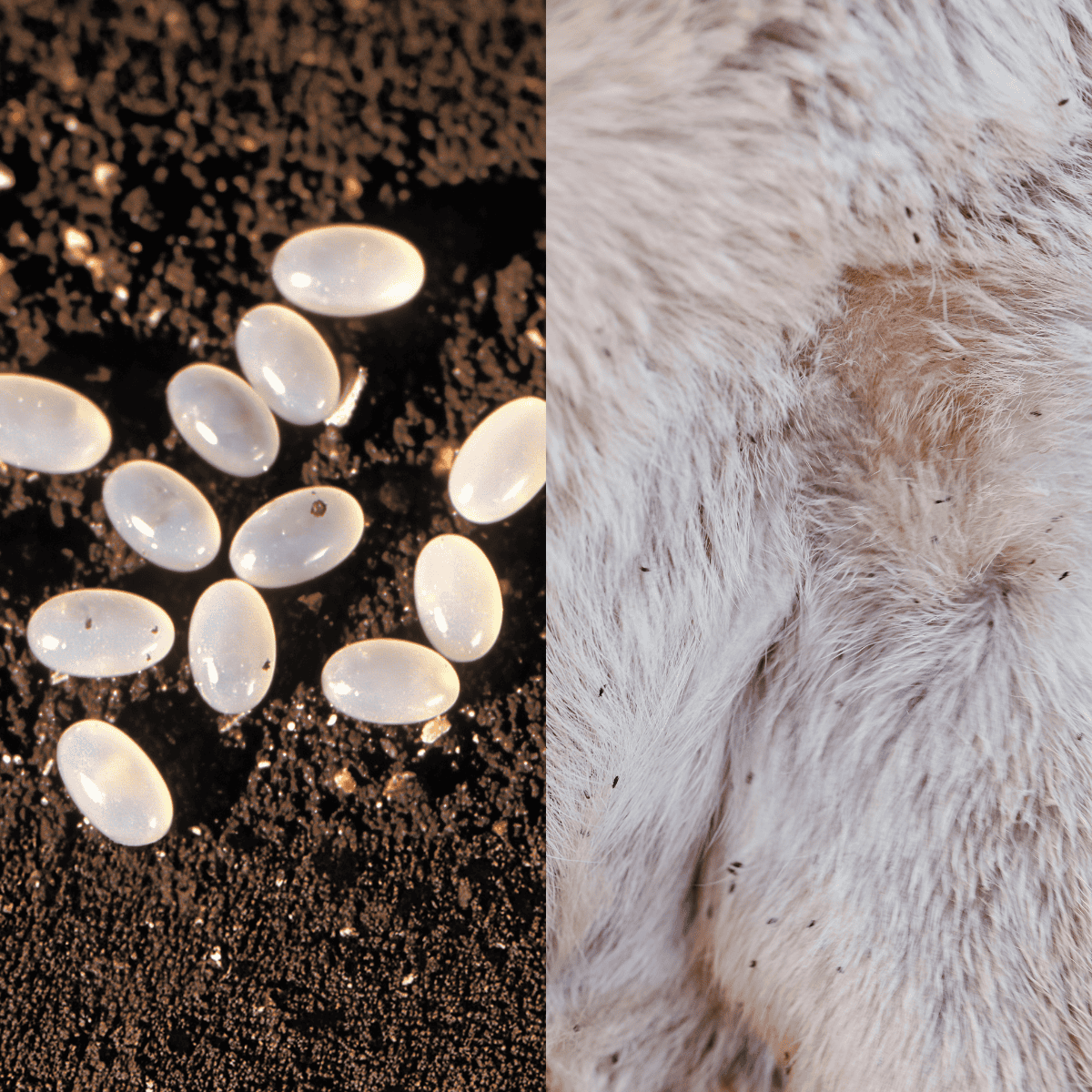 Eggs on soil, dog fur with dirt and lint, pet skin detail, animal health, pet grooming.