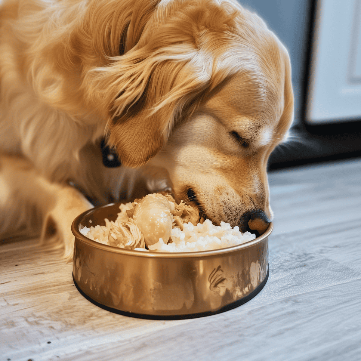 Golden retriever eating meals from a bowl.