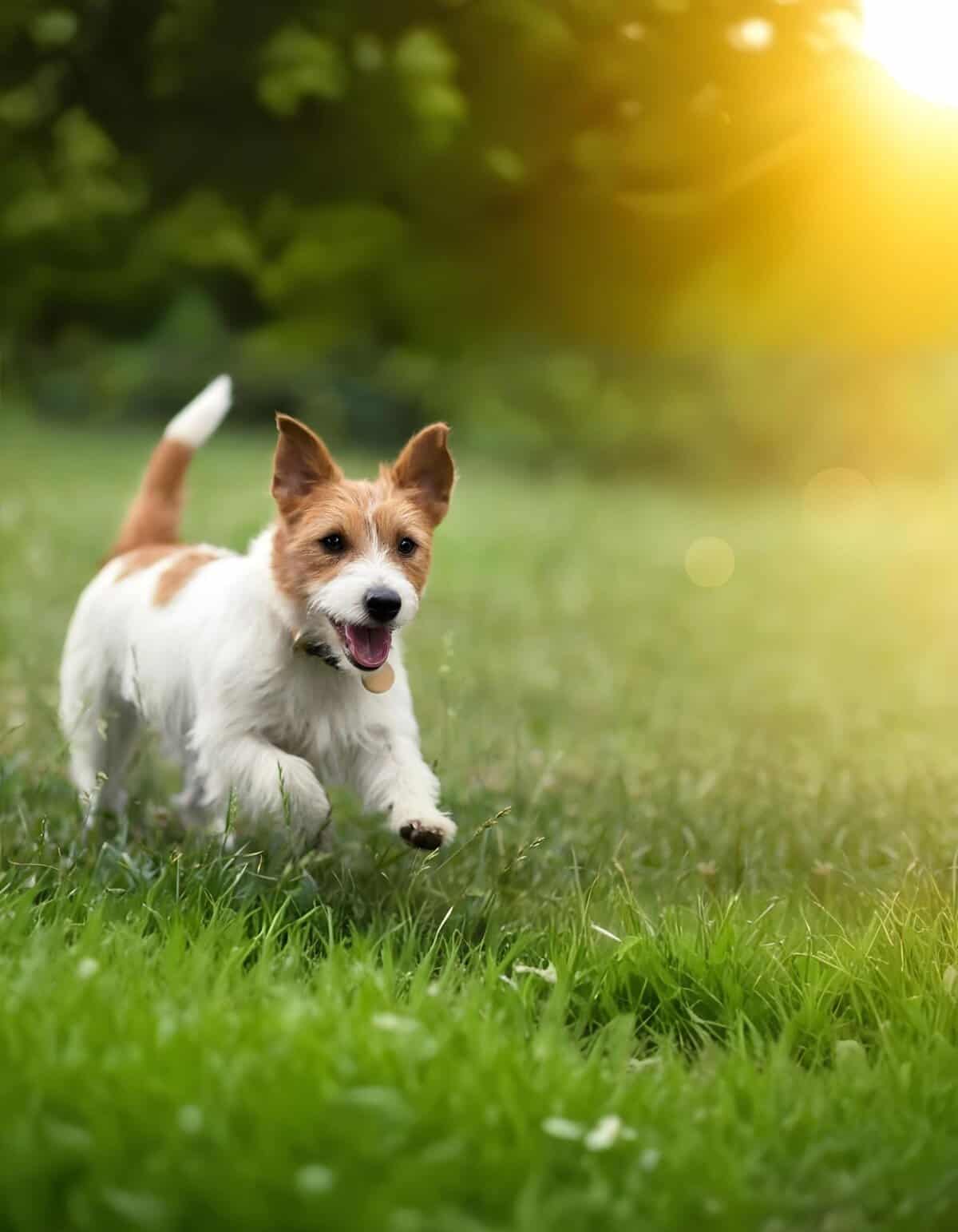 Adorable dog running in the park, enjoying outdoor playtime.
