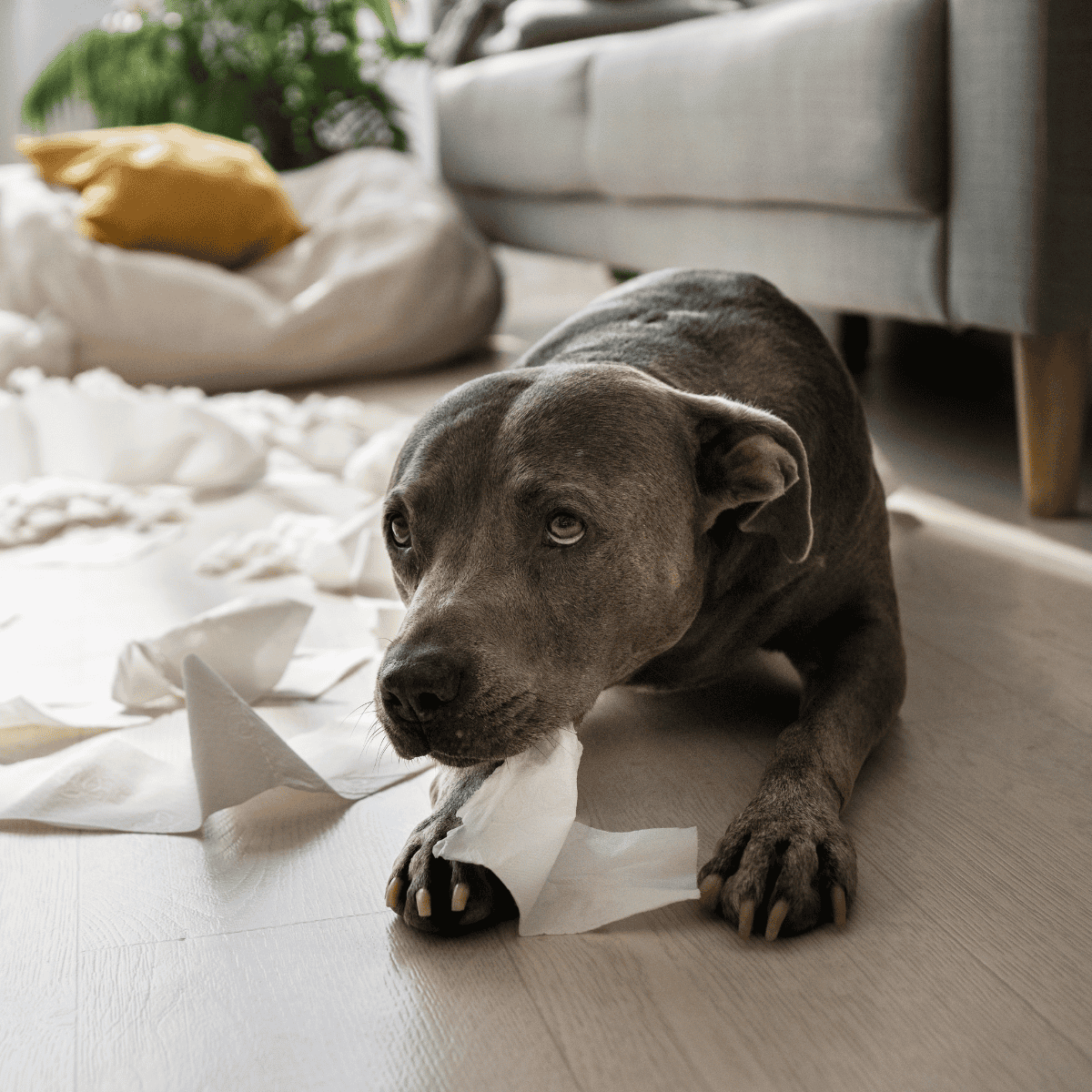 Dogdog chewing paper or tissue with curious and playful expression indoors.