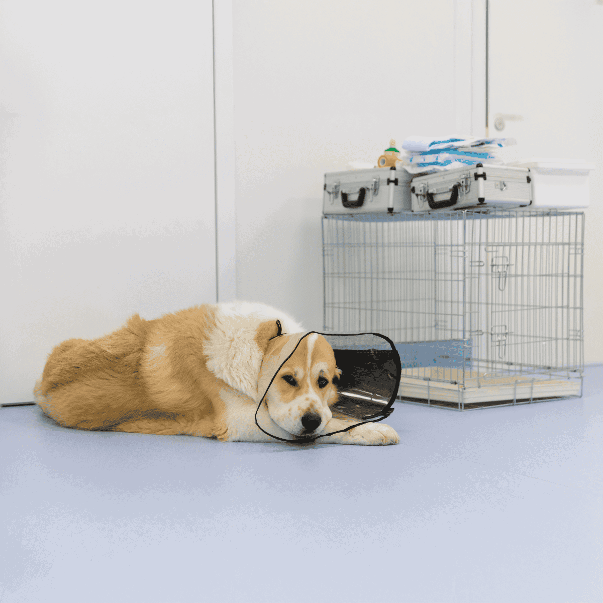 Dog lying with cone collar and crate, veterinary supplies in background, pet care essentials.