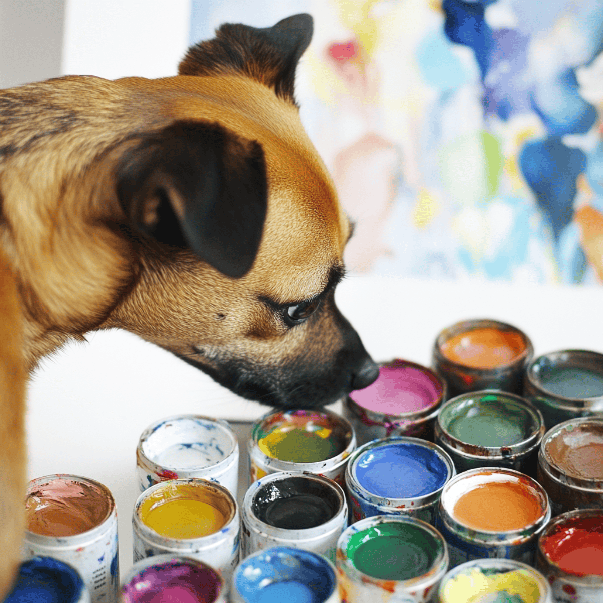 Dog painting supplies with a curious dog exploring colorful paints and brushes.