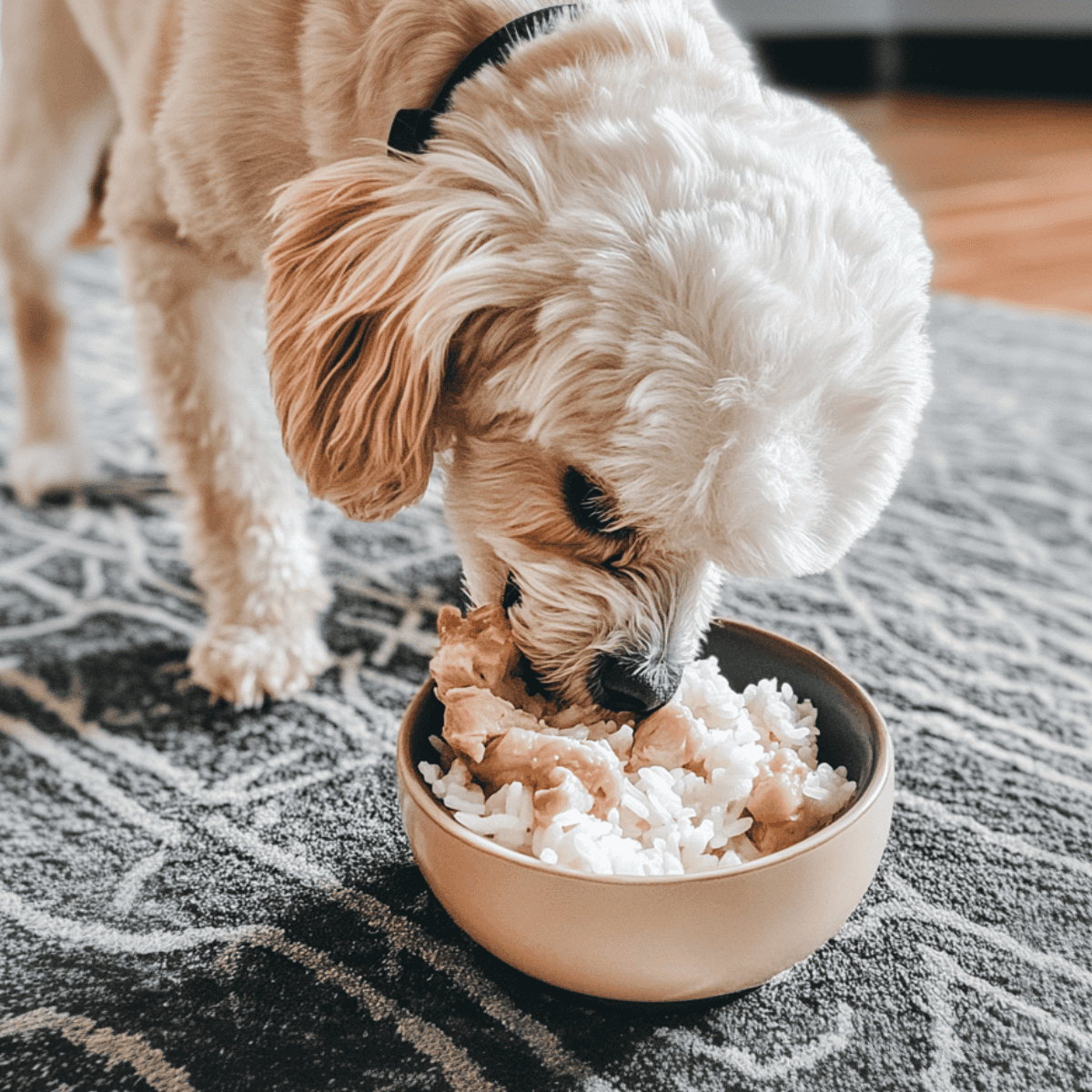 Dogs enjoying healthy home-cooked dog food with rice and chicken.