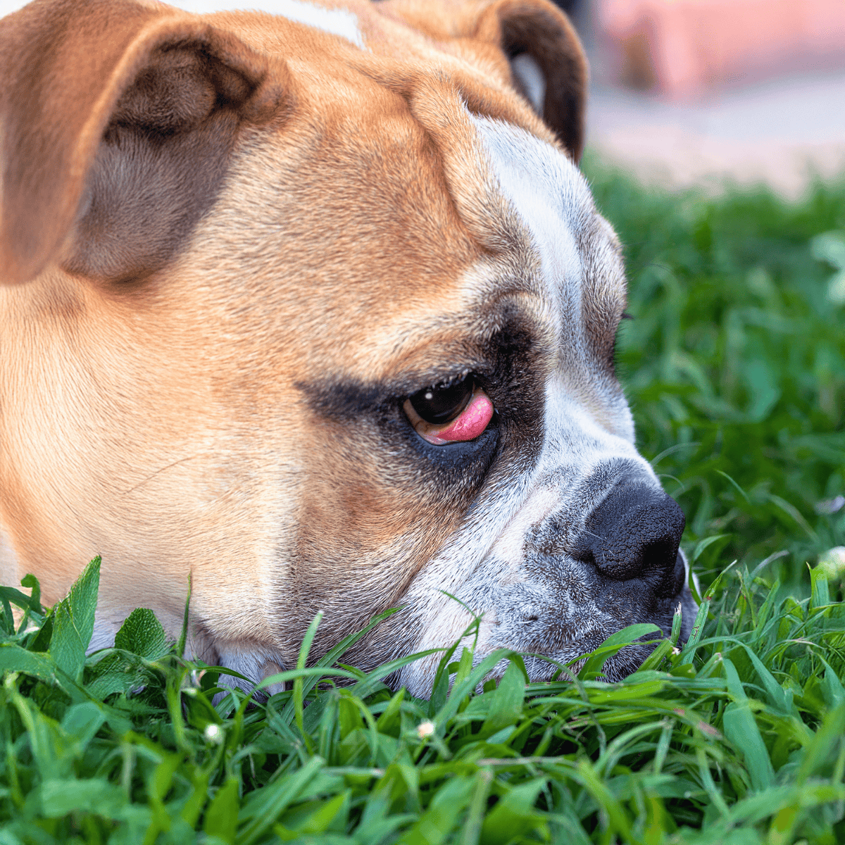 Close-up of a Bulldog lying on grass with a red eye, showcasing dog health and wellness.