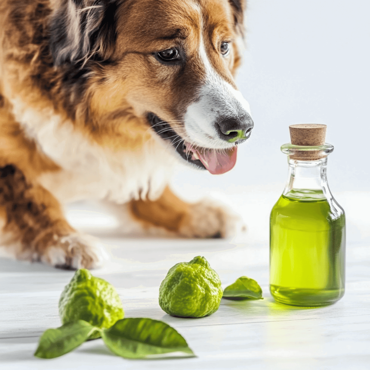 Dog with lemon oil and fresh lemons for a healthy diet.