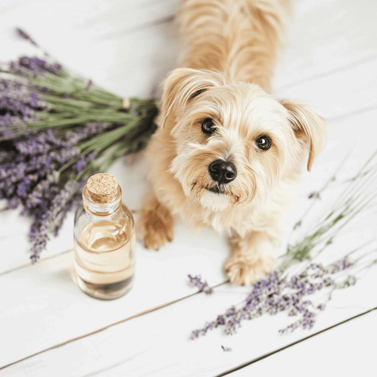 Adorable small dog with lavender and essential oil on white background, emphasizing pet wellness and natural remedies.