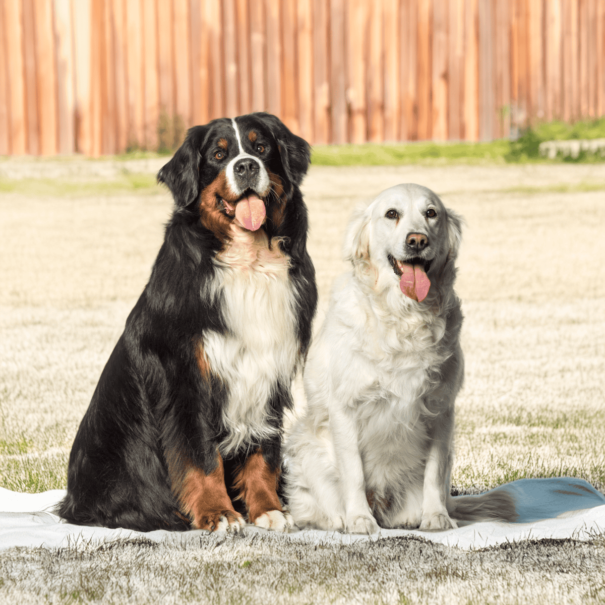 Happy therapy dogs sitting outdoors on a sunny day.