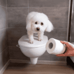 Dog sitting on a toilet with toilet paper.