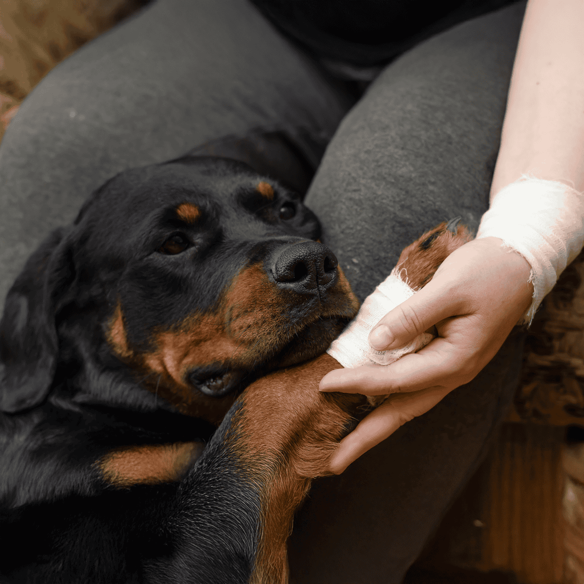 Dog laying on owner’s lap with bandaged paw, emphasizing pet comfort and healthcare.