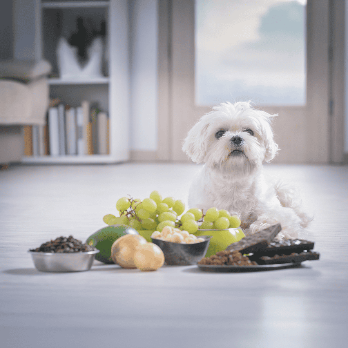 Alt text: Adorable white dog sitting with grapes and dog treats in a bright room.