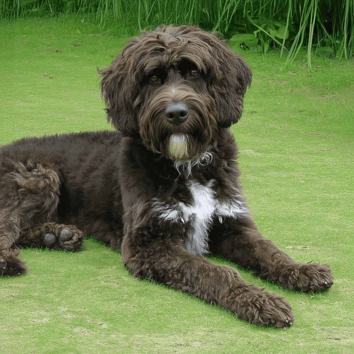 Cute black Labradoodle puppy sitting on lush green lawn, grooming, friendly pet.