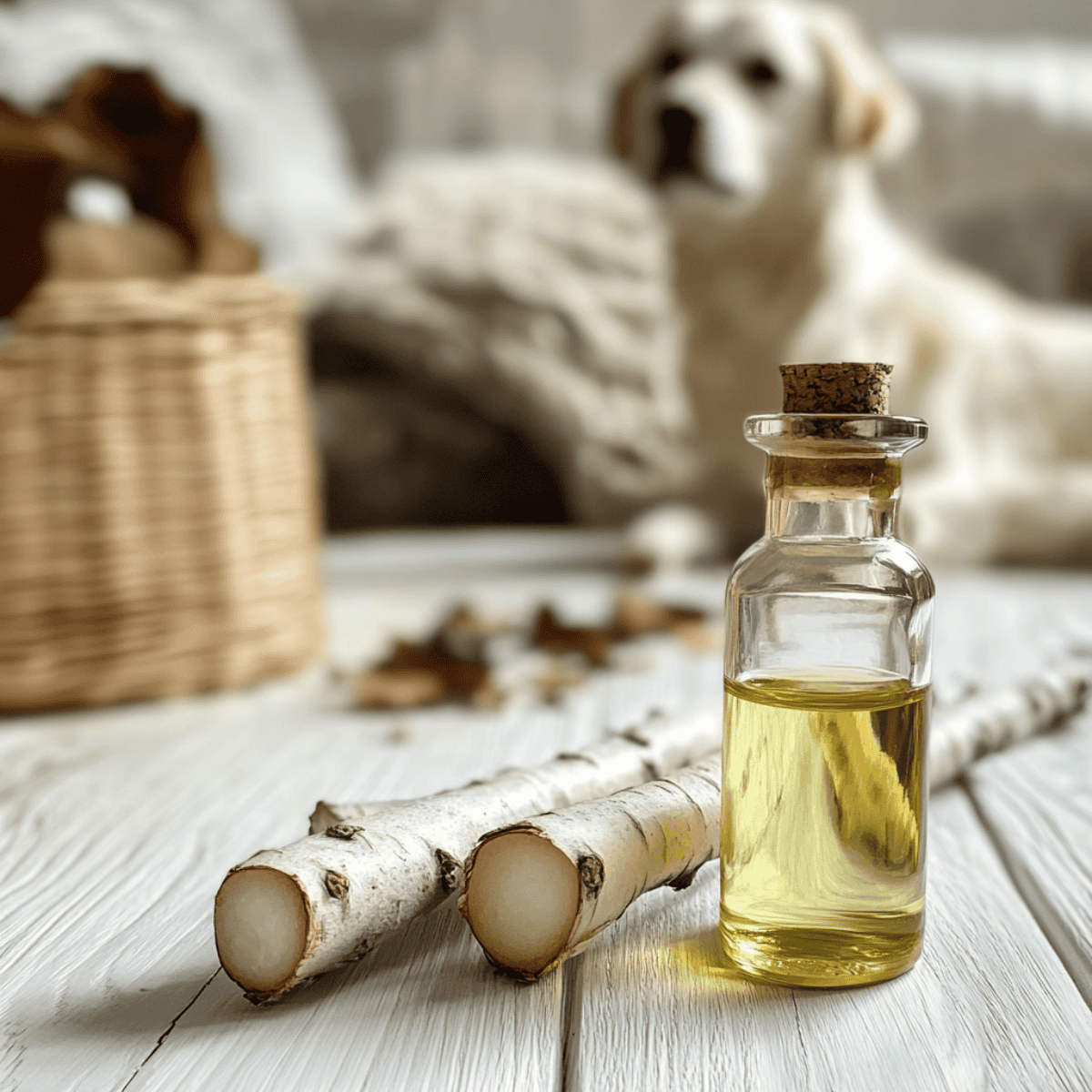 Dog-safe essential oil, natural remedy for pet health, with birch and herbal ingredients.