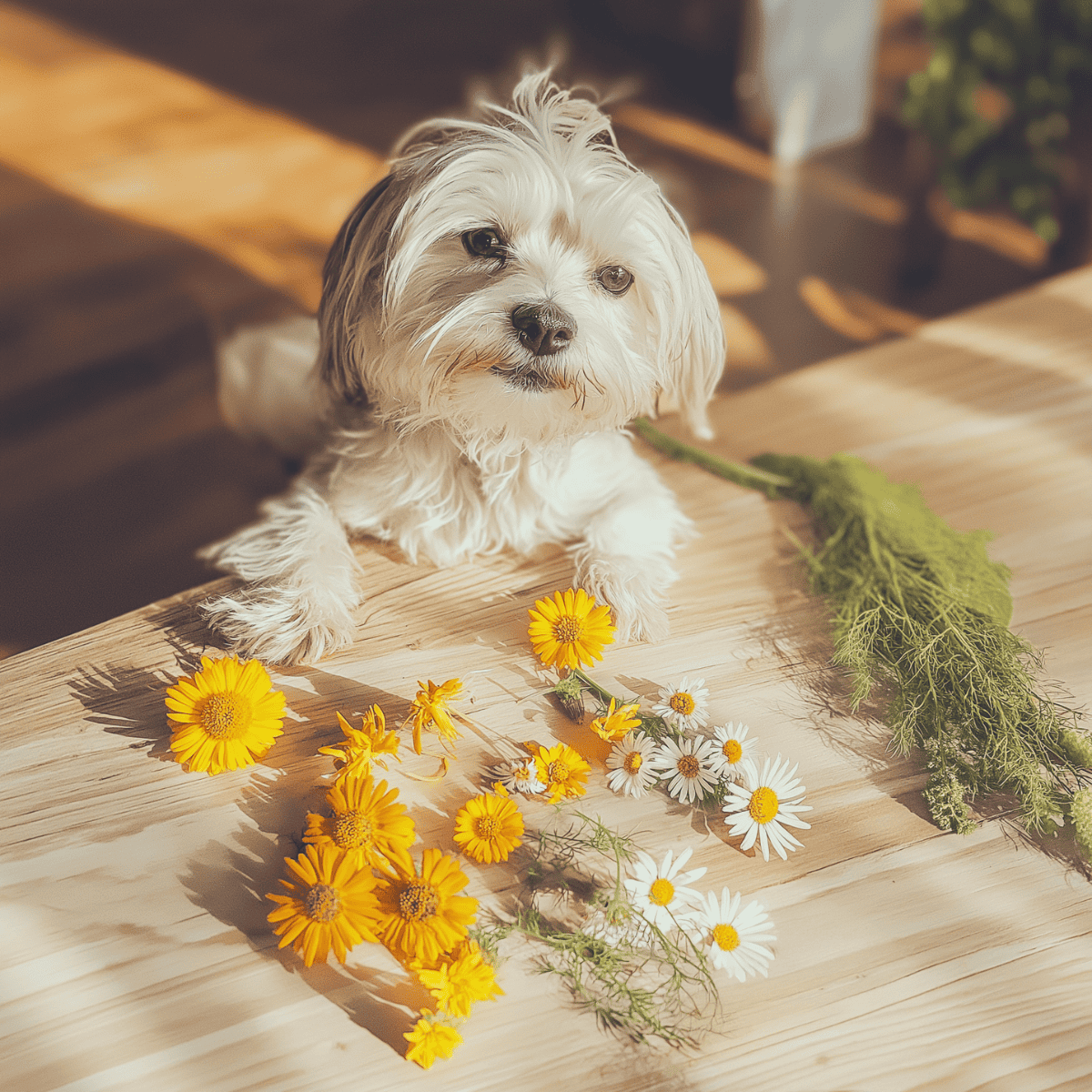 Adorable dog sitting on wooden table surrounded by colorful daisies and greenery, natural sunlight highlights its fluffy fur.