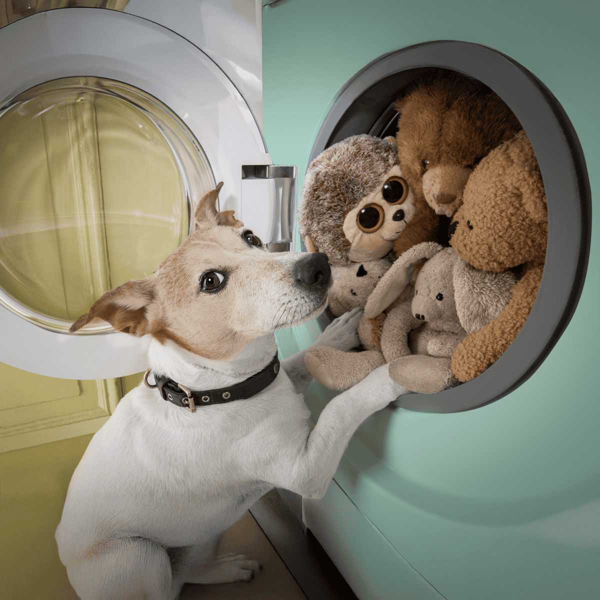 Adorable dog interacting with plush toys in washing machine.