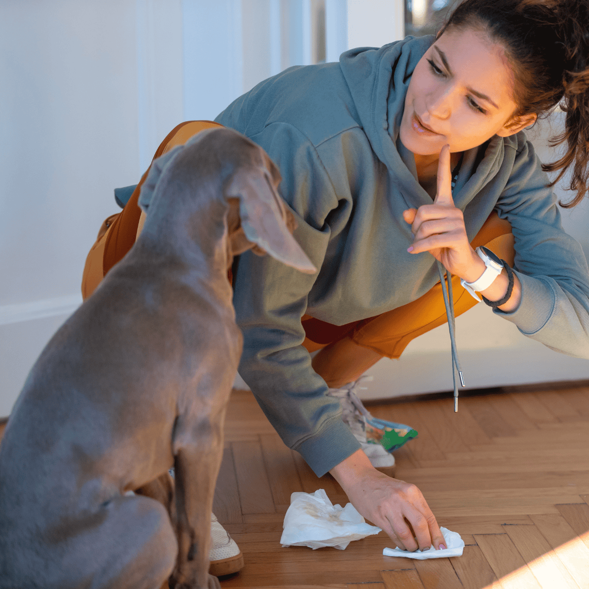 Dog and woman cleaning floor instructions.