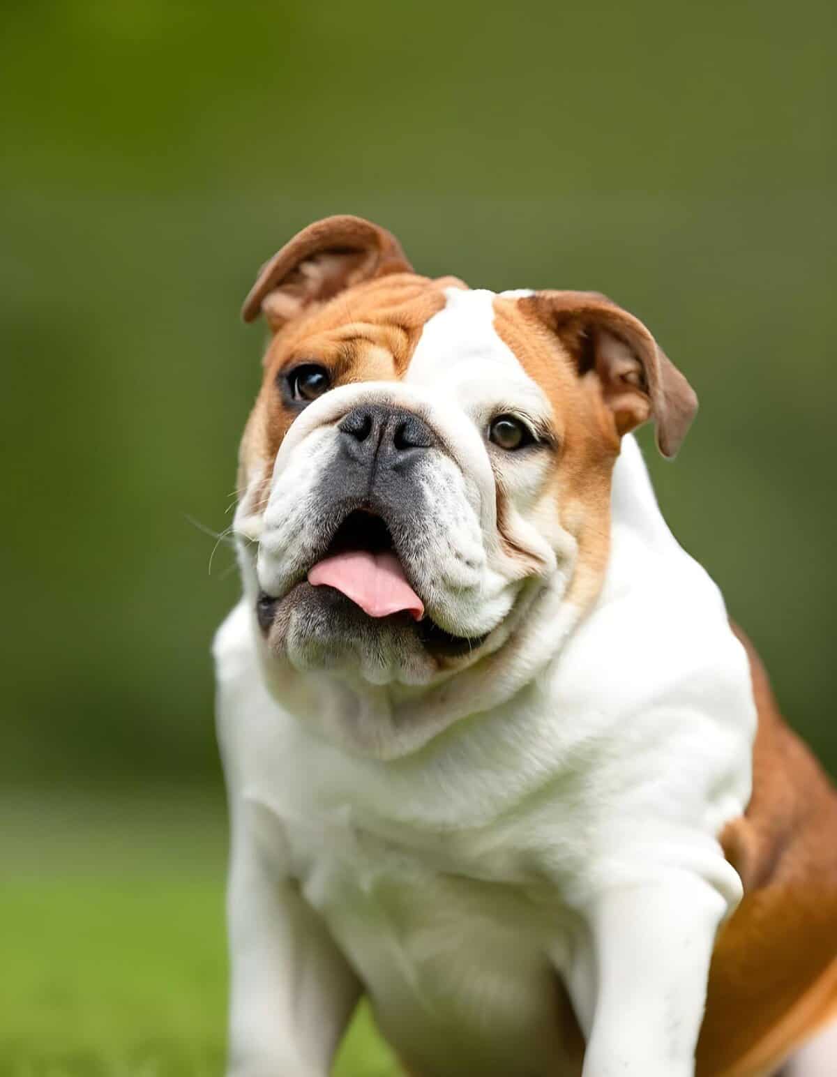 English Bulldog with distinctive wrinkles, short coat, and friendly expression.
