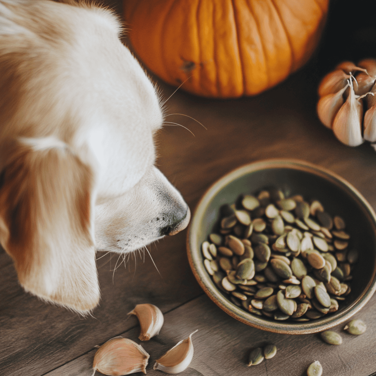 Close-up of a dog sniffing a bowl of pumpkin seeds with pumpkin and garlic on background.