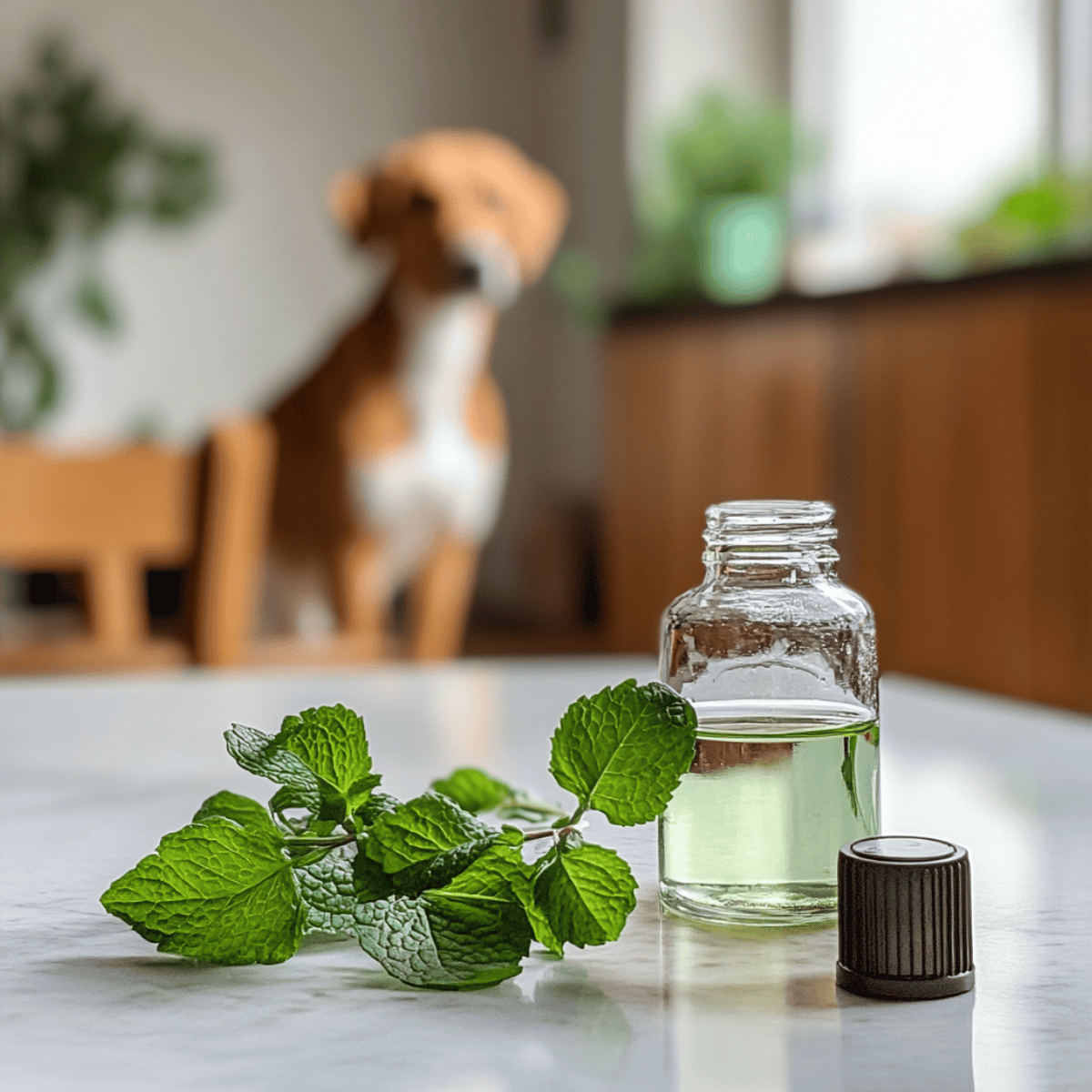 Pet-safe essential oil for calming dogs, with fresh mint leaves and relaxing scents for added pet wellness benefits.