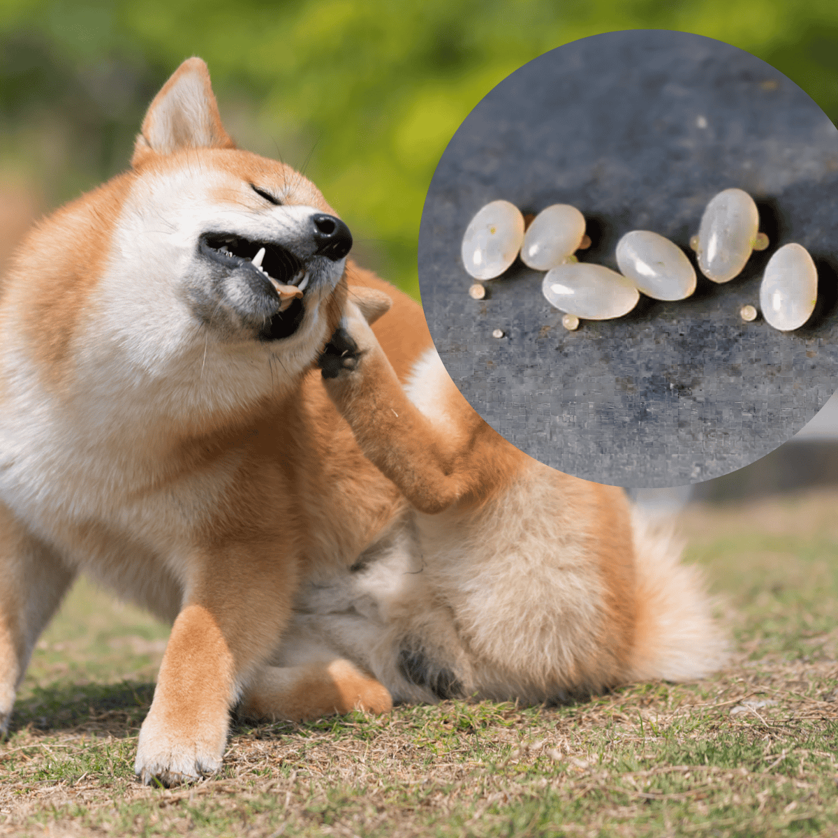 Alt text: Shiba Inu dog playfully biting and chewing flaxseed outdoors on grass.