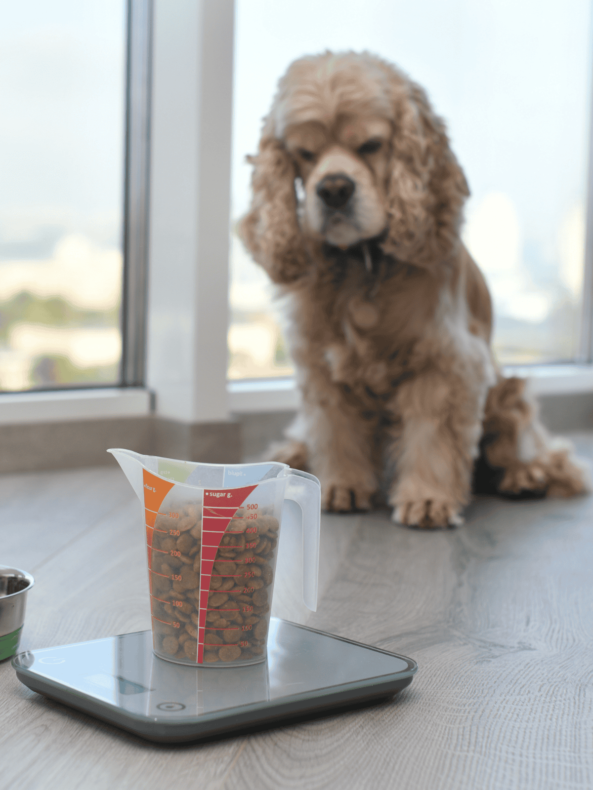 Accurate dog portioning with digital scale and measuring cup for healthy weight control.