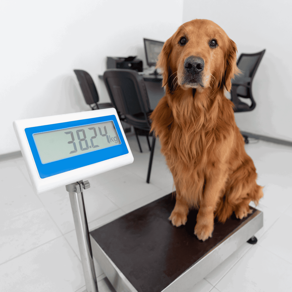 Dog sitting on a weighing scale with a digital display reading 38.24 kg in a veterinary clinic.