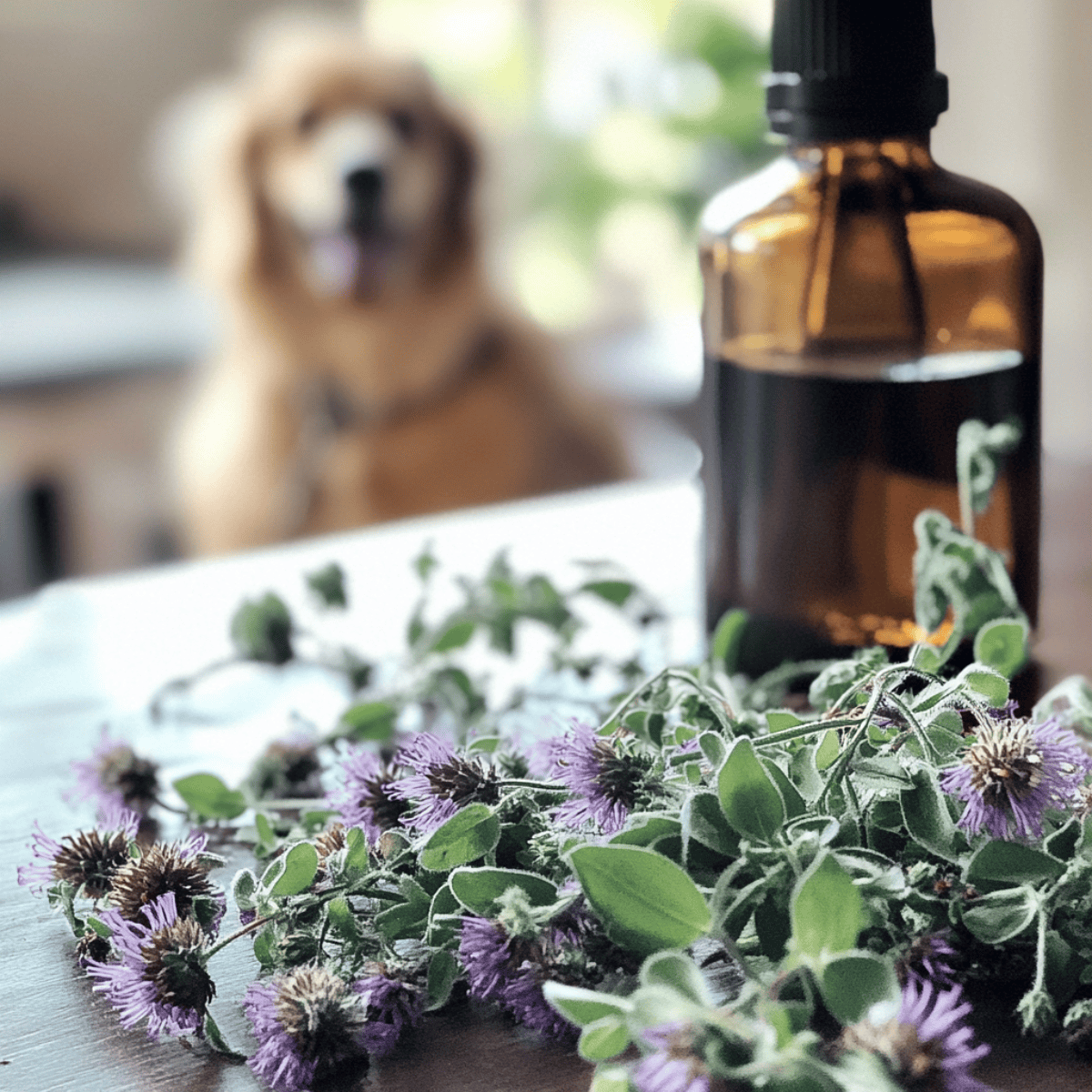 Healthy dog relaxing with aromatherapy lavender oil in the foreground.