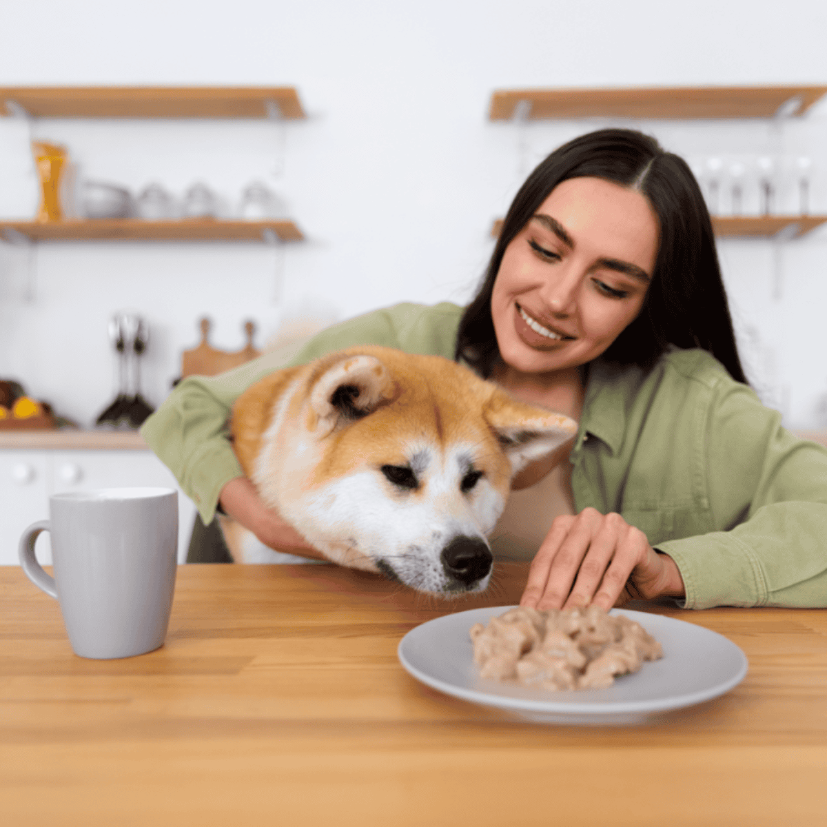 Young woman feeding her adorable Shiba Inu dog at home, healthy dog food and pet care.