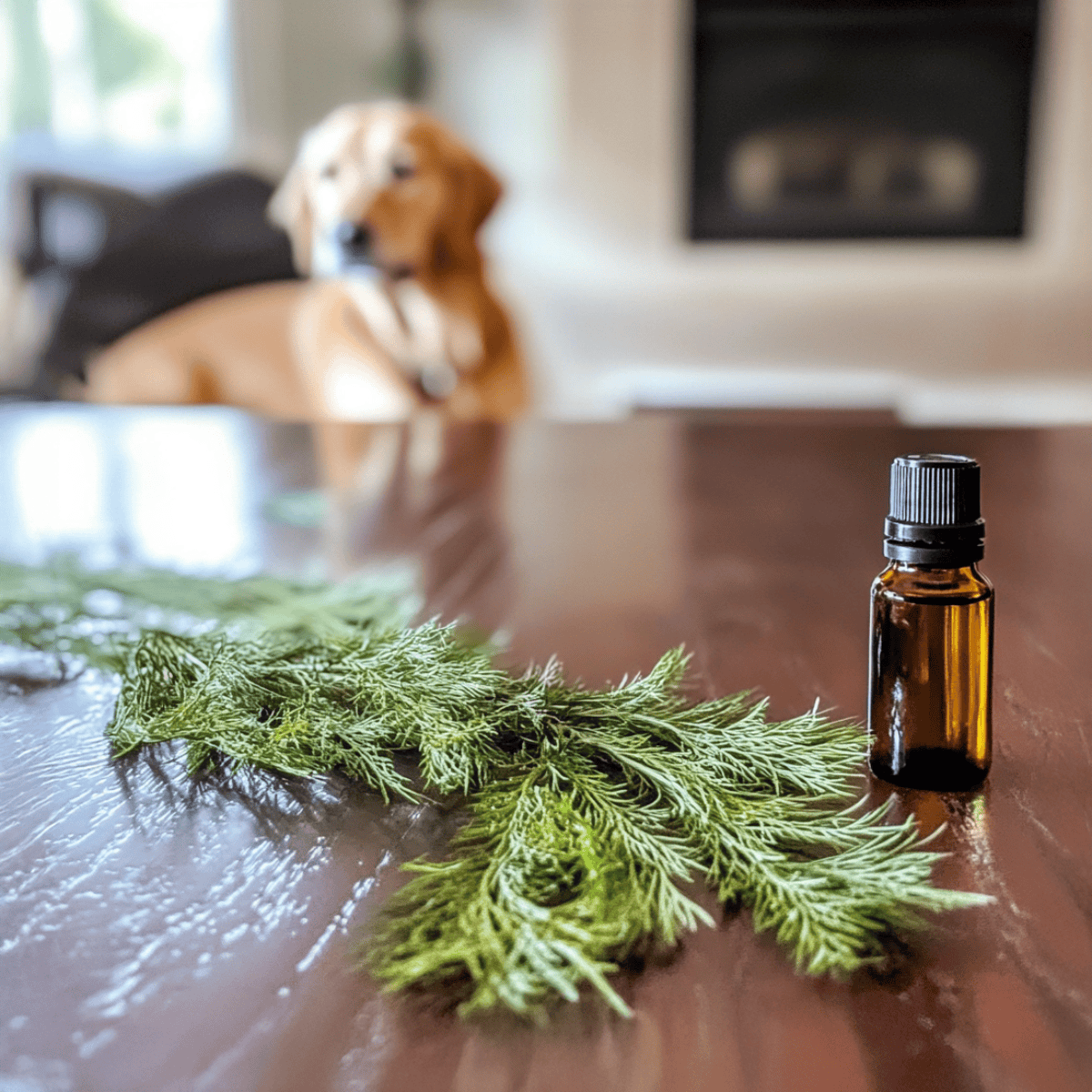 CBD oil bottle and fresh hemp leaves on wooden table, dog relaxing indoors, safe pet CBD products, natural health for dogs.