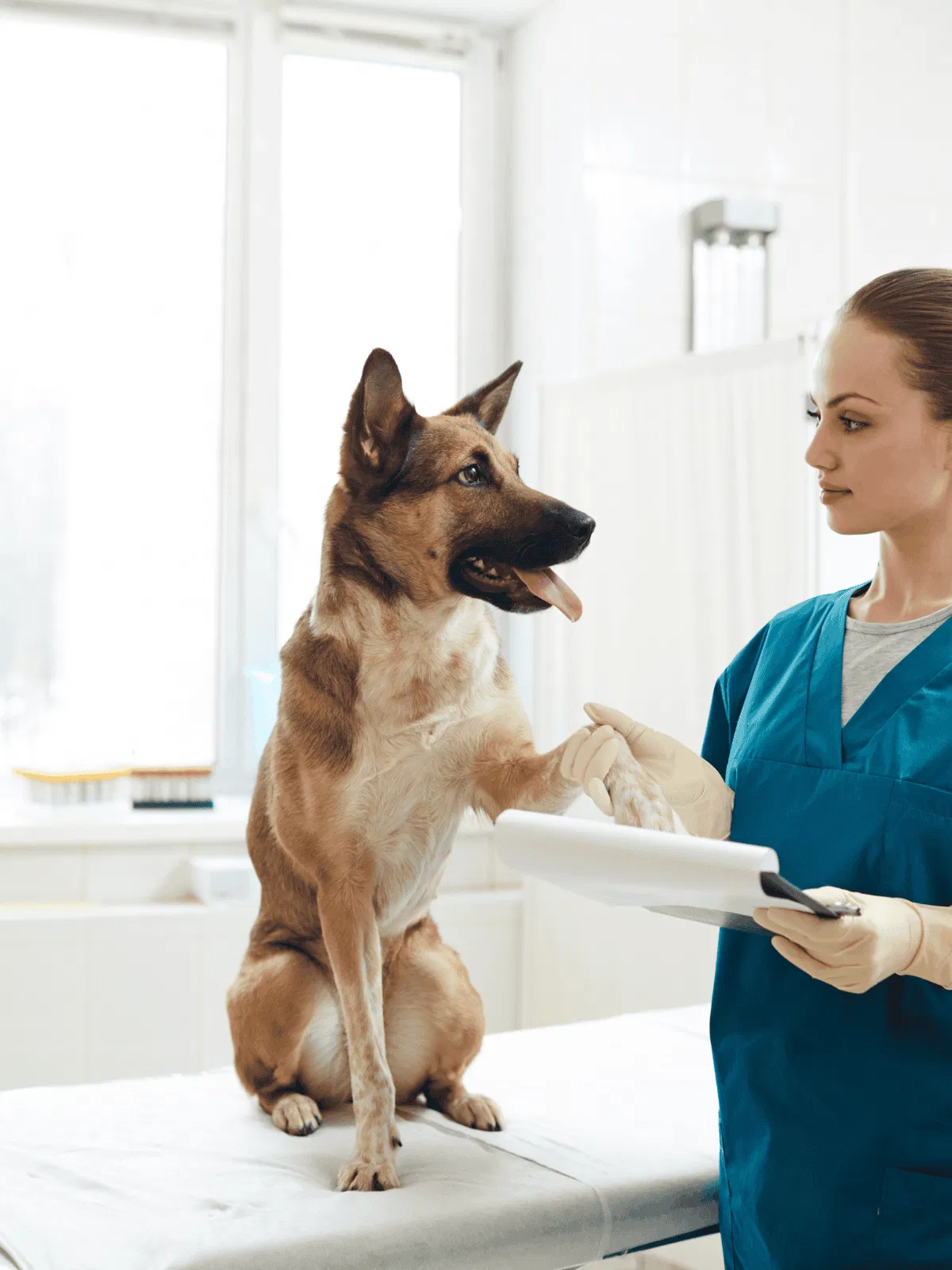 A veterinarian examining a happy dog on a veterinary table, ensuring pet health and wellness.