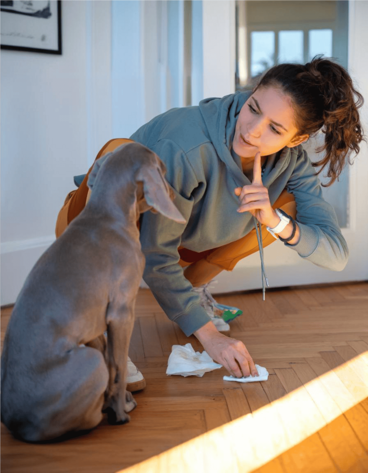 Friendly dog training session with woman indoors, emphasizing obedience and communication.