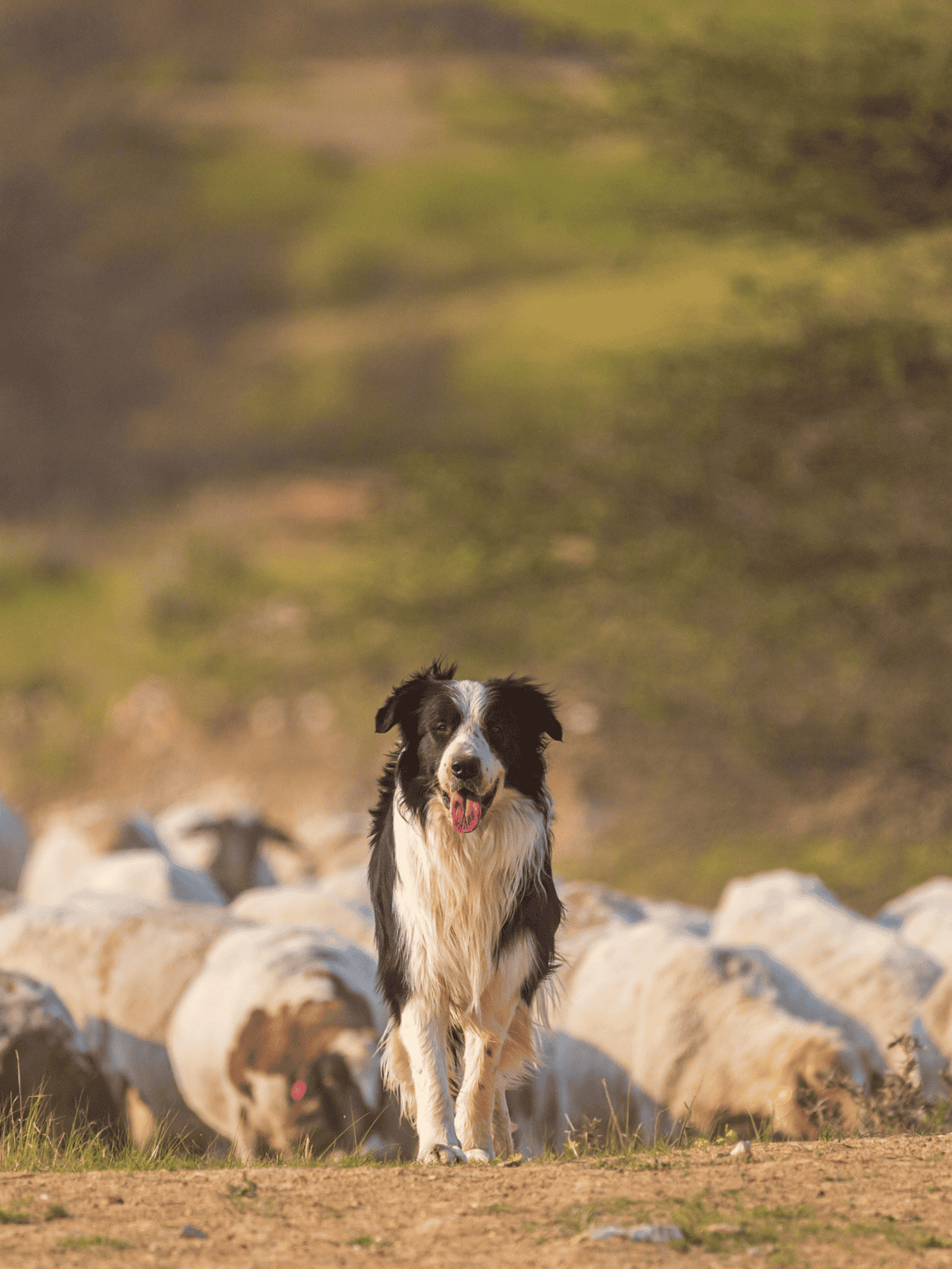 Border Collie dog herding sheep on a farm field.