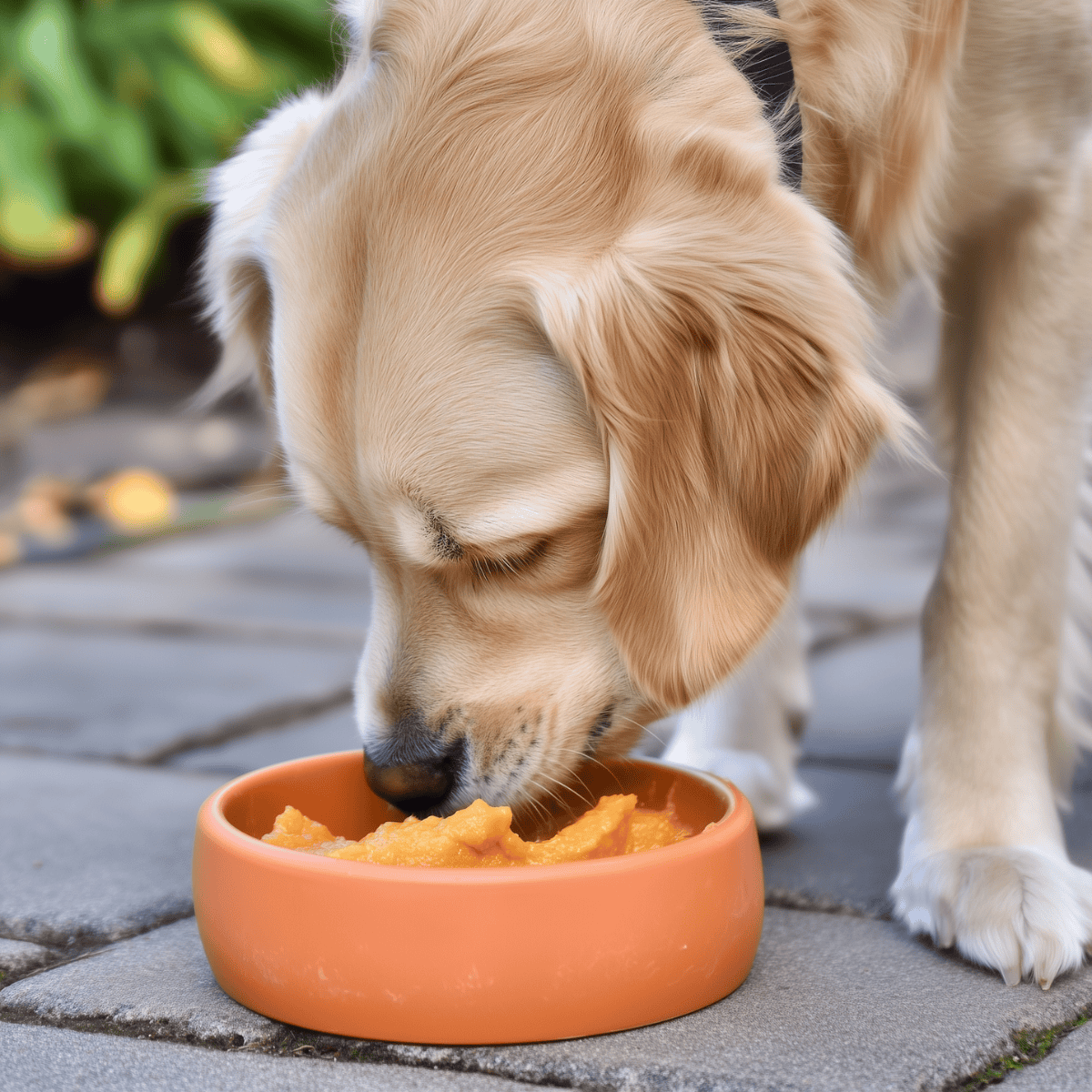 Golden retriever eating dog food in bowl outdoors.