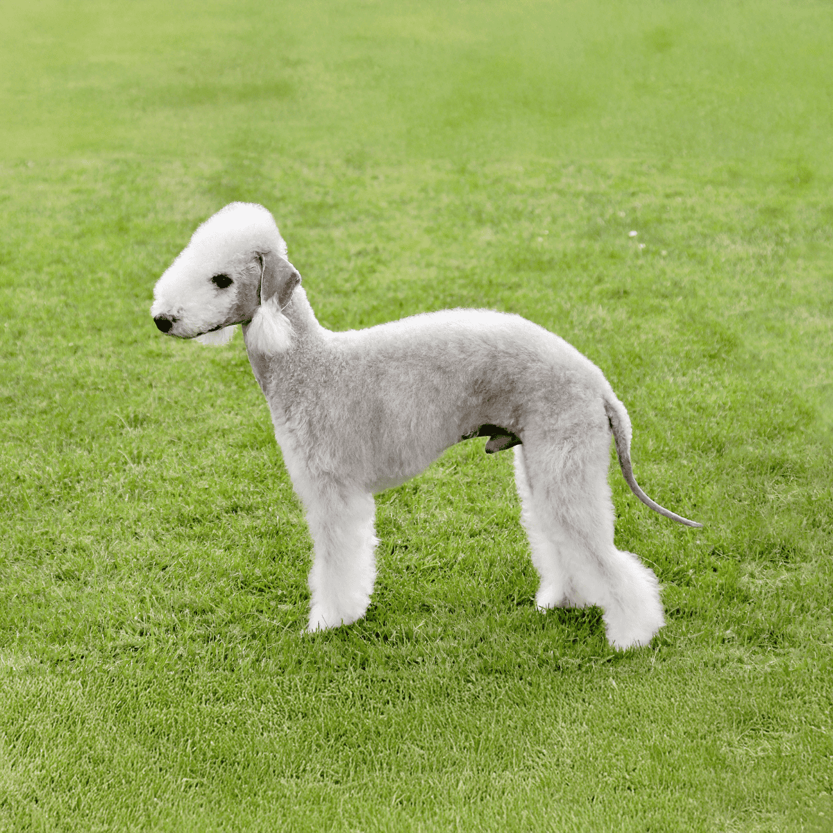 Adorable Bedlington Terrier puppy with fluffy coat on vibrant grass, perfect for dog lovers.