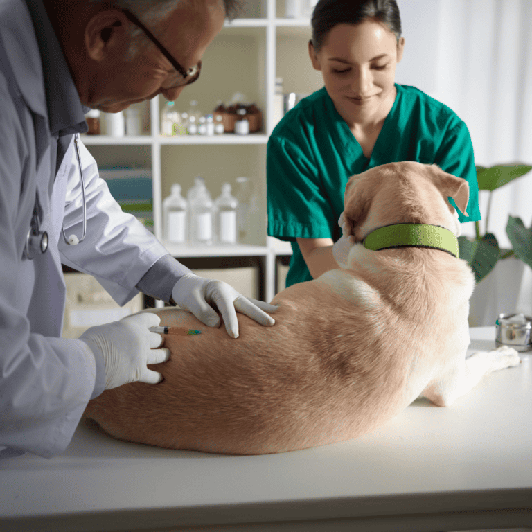 Veterinarian administering vaccine to a dog in a clinic.