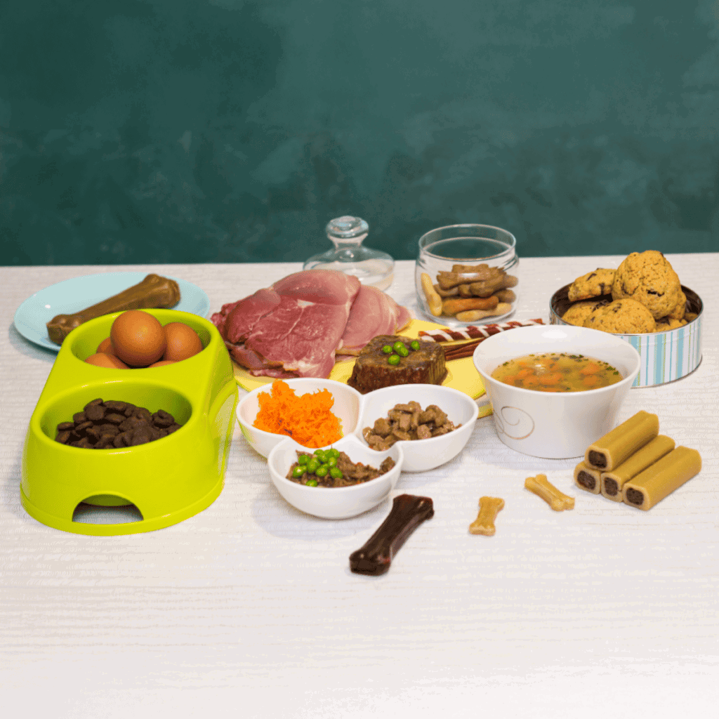 A variety of nutritious dog food, treats, and raw ingredients arranged for dogs, emphasizing quality and health.