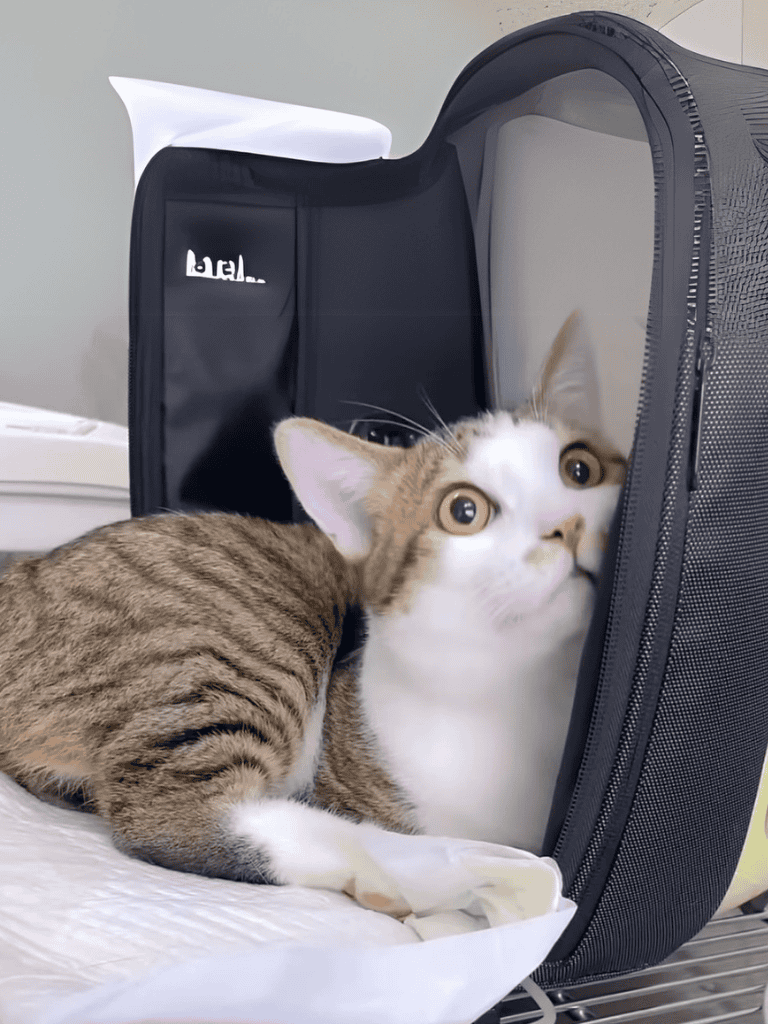 Climbing cat exploring comfortable pet travel carrier.