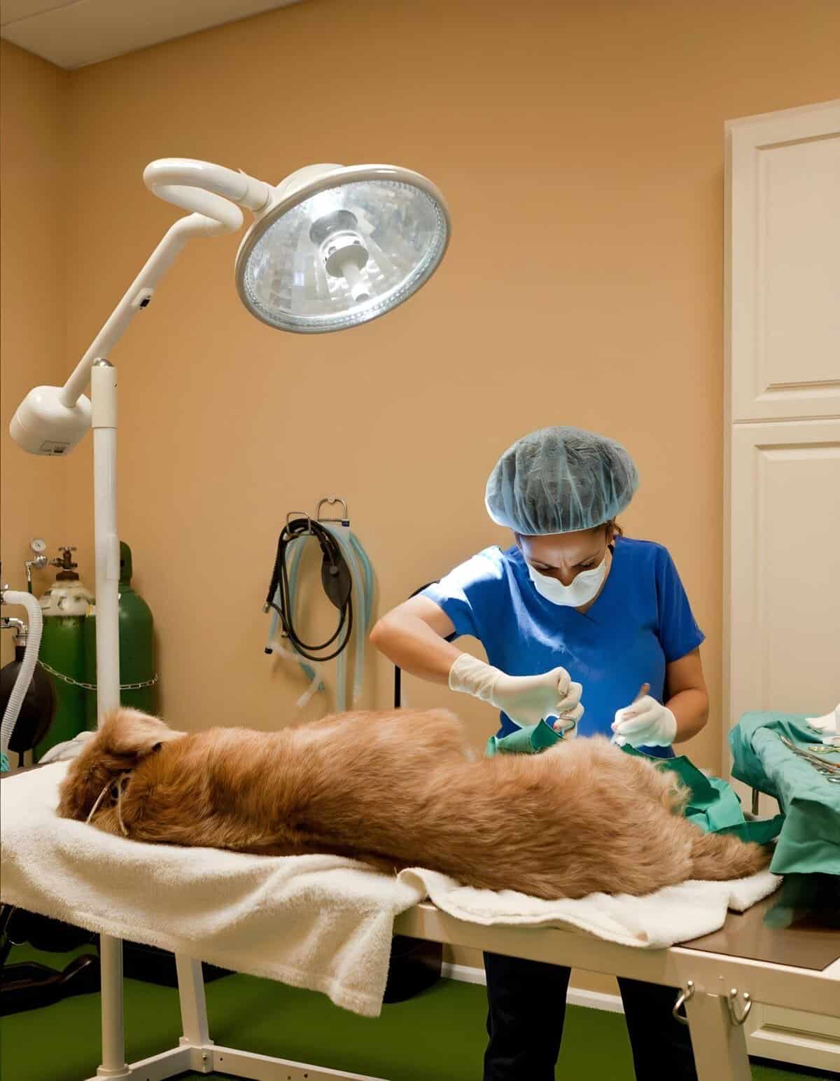 Vet performing surgery on a dog at veterinary clinic, showing professional pet care and surgical expertise.