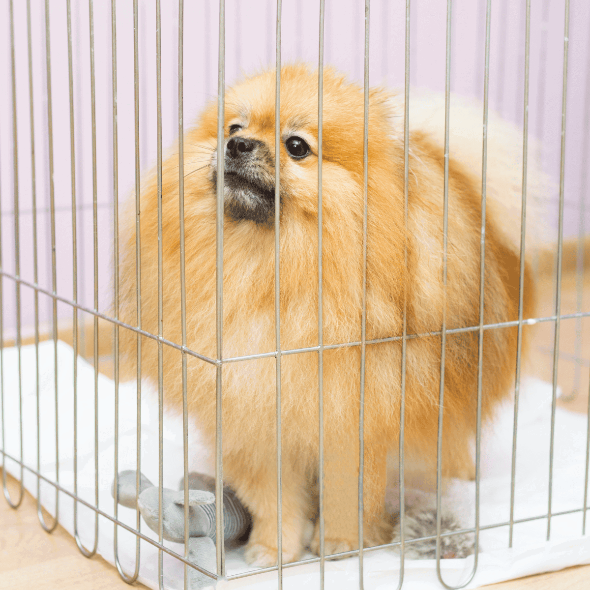 Adorable Pomeranian puppy in a metal cage, perfect for pet rescue and shelter adoption.