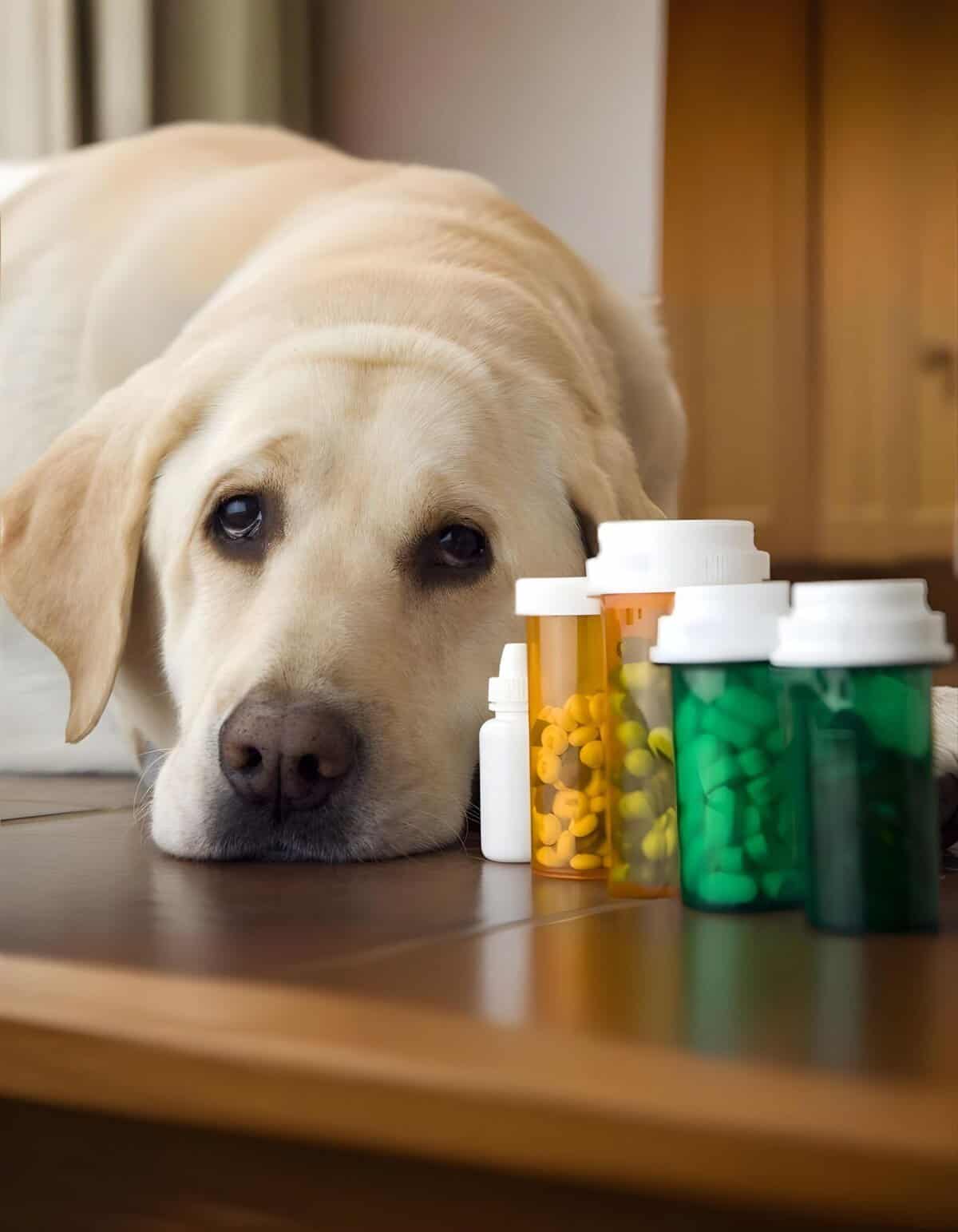 Pet medication bottles and sad Labrador, focusing on veterinary health, supplements, pet medication, and wellness.