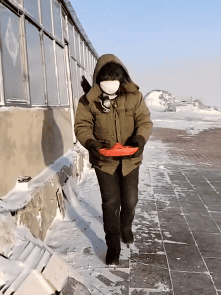 Person in winter gear with mask holding a rescue item.