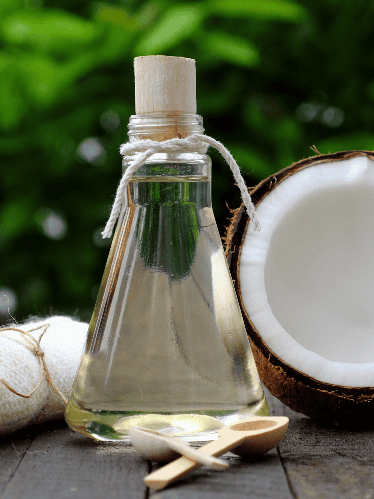 Coconut oil in a glass bottle with coconut halves and spoons on a rustic surface.