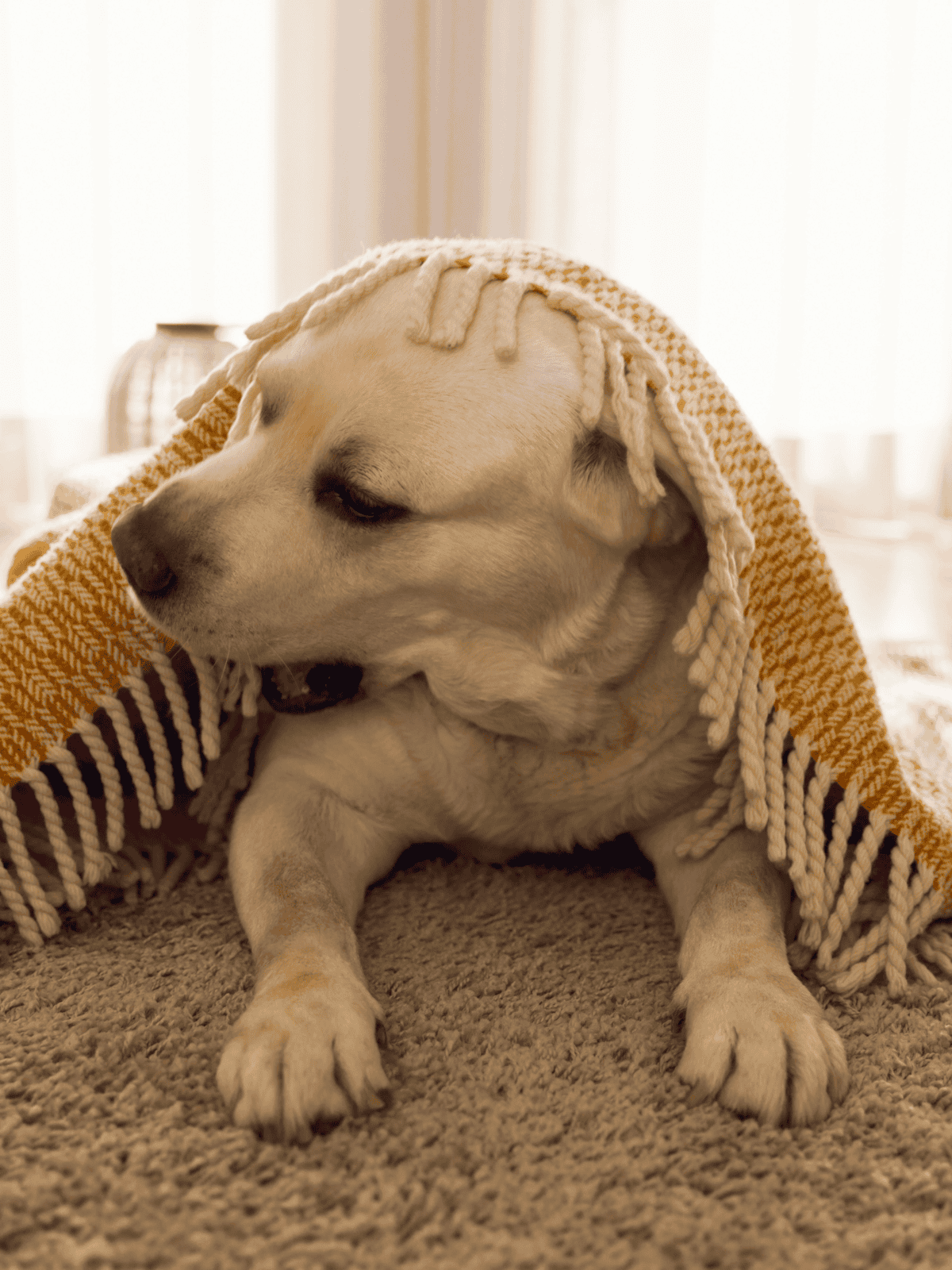 Adorable Labrador puppy covered with a warm blanket, relaxing on a soft carpet. Perfect for dog comfort and relaxation.
