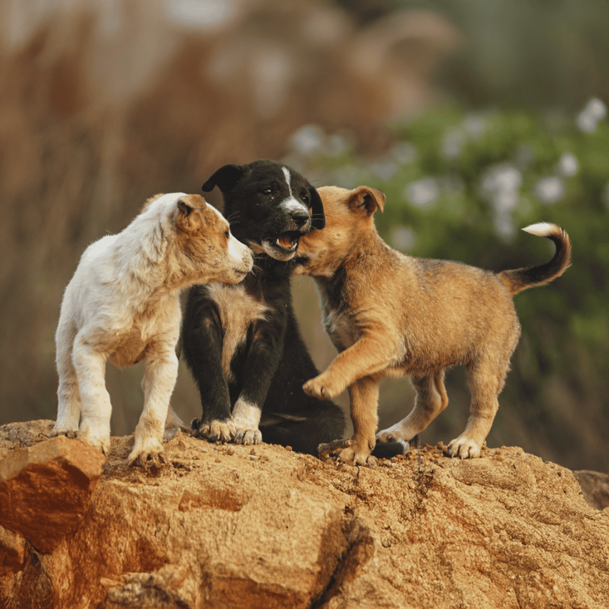 Adorable puppies interacting and playing outdoors on rocky terrain.