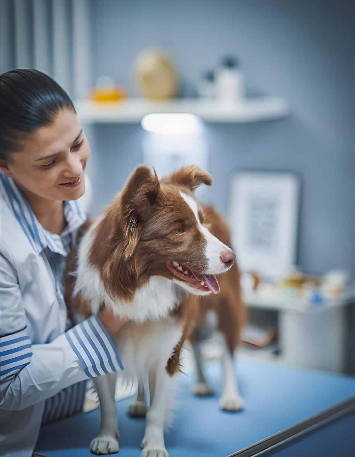 Friendly veterinarian inspecting an Australian Shepherd dog on the examination table.